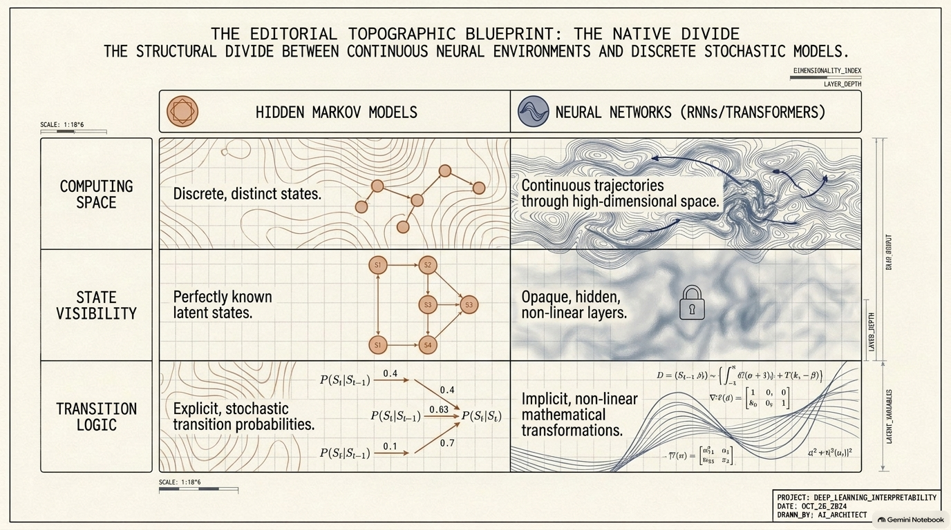 Slide 4: The structural divide between discrete Hidden Markov Models and continuous neural networks