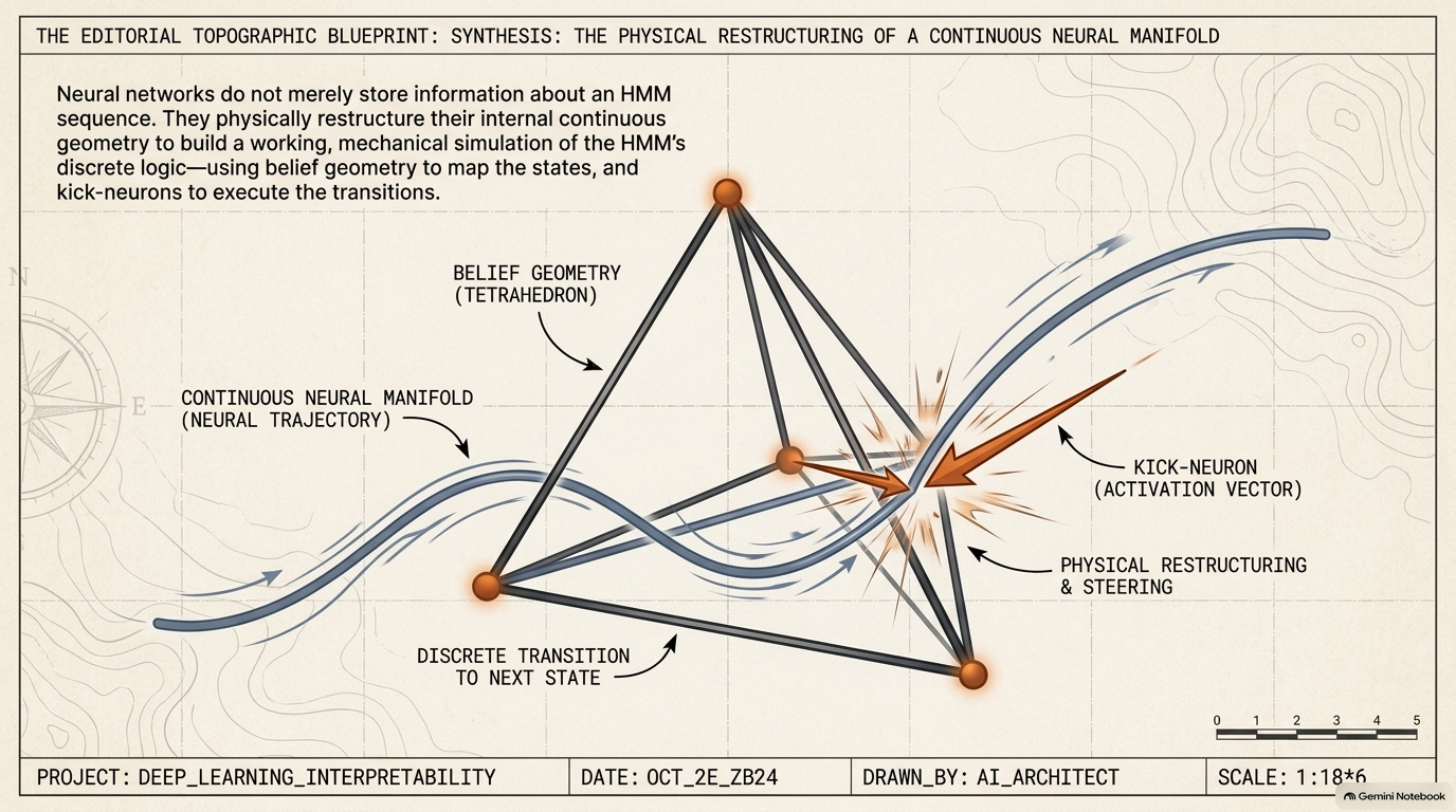 Slide 14: Synthesis &mdash; a continuous neural manifold physically restructured to simulate an HMM